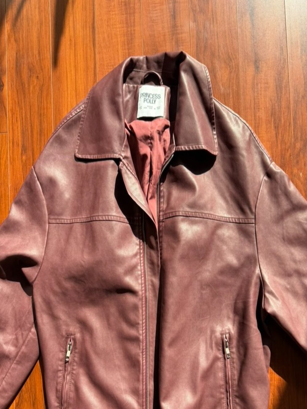 Princess Polly Faux Leather Jacket Burgundy Wine Collared Zip Never Worn M